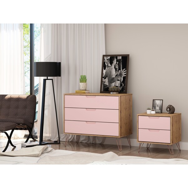 Manhattan Comfort Rockefeller Dresser and Nightstand Set, Nature and Rose Pink - 104GMC6