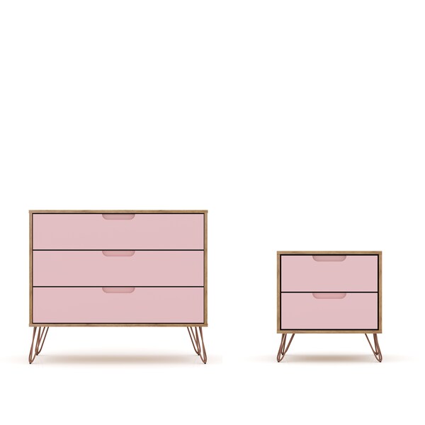 Manhattan Comfort Rockefeller Dresser and Nightstand Set, Nature and Rose Pink - 104GMC6