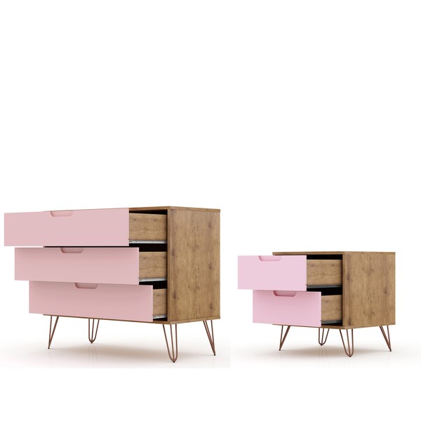 Manhattan Comfort Rockefeller Dresser and Nightstand Set, Nature and Rose Pink - 104GMC6