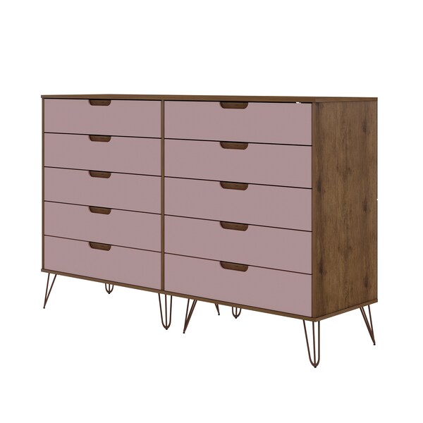 Manhattan Comfort Rockefeller 10-Drawer Double Tall Dresser in Nature and Rose Pink - 156GMC6
