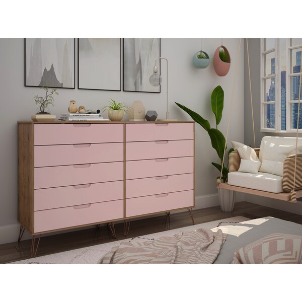 Manhattan Comfort Rockefeller 10-Drawer Double Tall Dresser in Nature and Rose Pink - 156GMC6