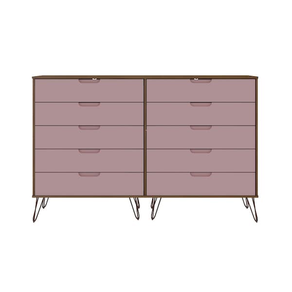 Manhattan Comfort Rockefeller 10-Drawer Double Tall Dresser in Nature and Rose Pink - 156GMC6