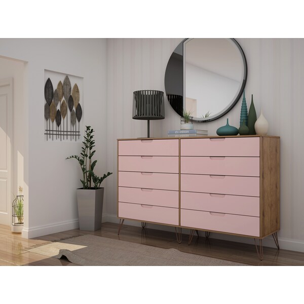 Manhattan Comfort Rockefeller 10-Drawer Double Tall Dresser in Nature and Rose Pink - 156GMC6