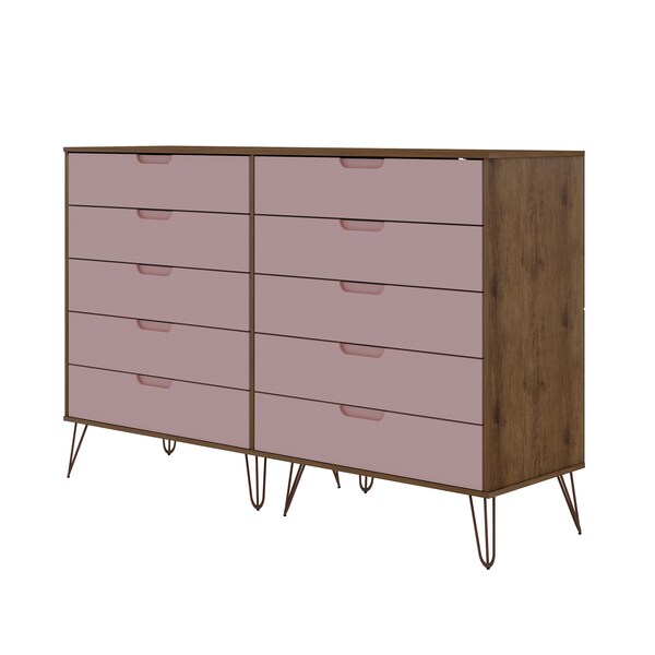 Manhattan Comfort Rockefeller 10-Drawer Double Tall Dresser in Nature and Rose Pink - 156GMC6