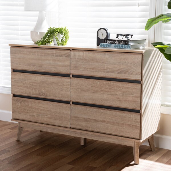 Baxton Studio Miren Mid-Century Modern Light Oak and Dark Grey 6-Drawer Dresser - 148-8256