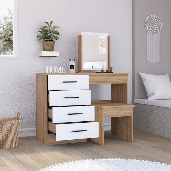 Tuhome Kaia Makeup Dressing Table, Four Drawers, One Mirror, Stool, Pine/White - TMB7906