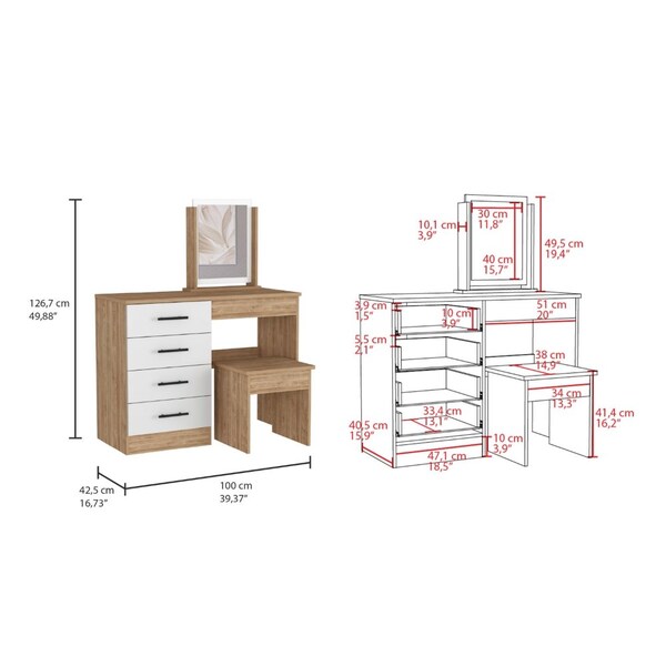 Tuhome Kaia Makeup Dressing Table, Four Drawers, One Mirror, Stool, Pine/White - TMB7906