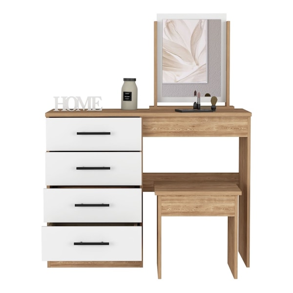 Tuhome Kaia Makeup Dressing Table, Four Drawers, One Mirror, Stool, Pine/White - TMB7906