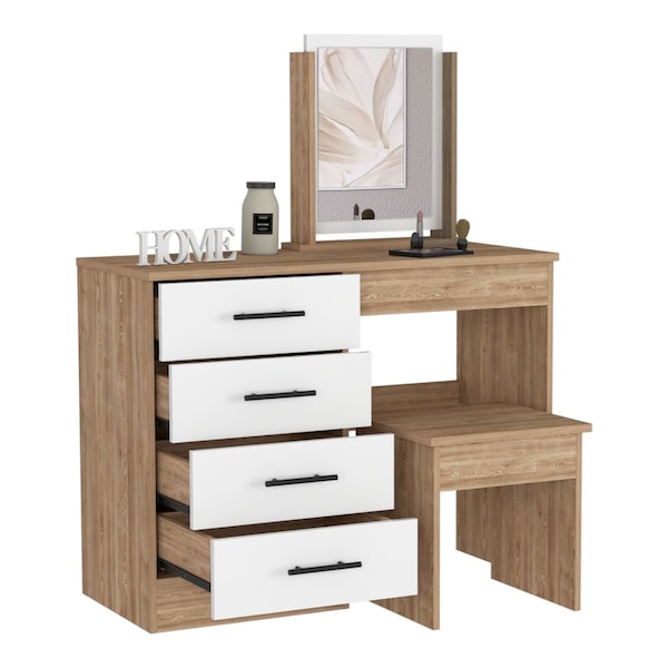 Tuhome Kaia Makeup Dressing Table, Four Drawers, One Mirror, Stool, Pine/White - TMB7906