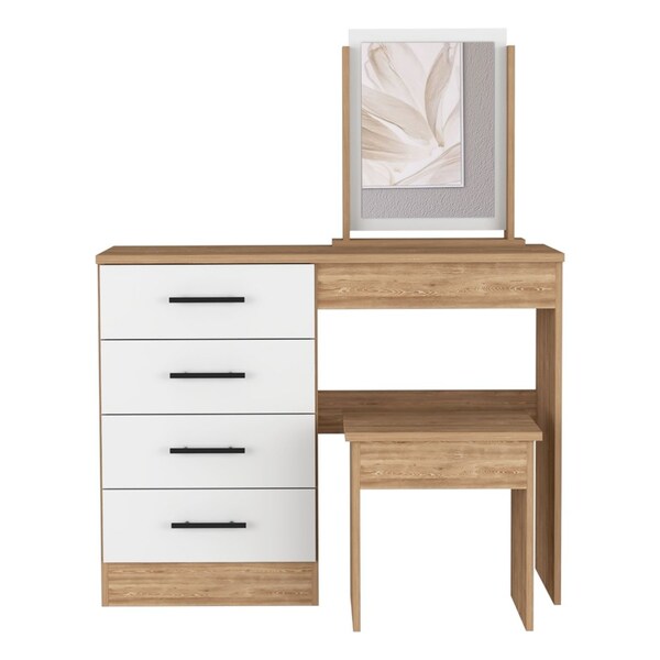Tuhome Kaia Makeup Dressing Table, Four Drawers, One Mirror, Stool, Pine/White - TMB7906
