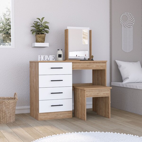 Tuhome Kaia Makeup Dressing Table, Four Drawers, One Mirror, Stool, Pine/White - TMB7906