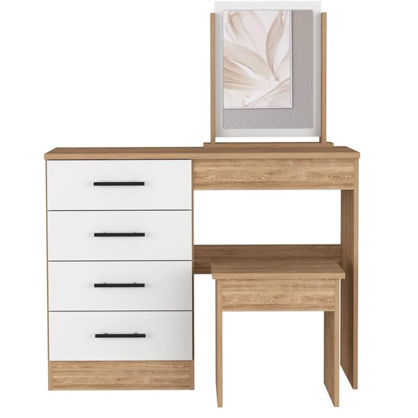 Tuhome Kaia Makeup Dressing Table, Four Drawers, One Mirror, Stool, Pine/White - TMB7906