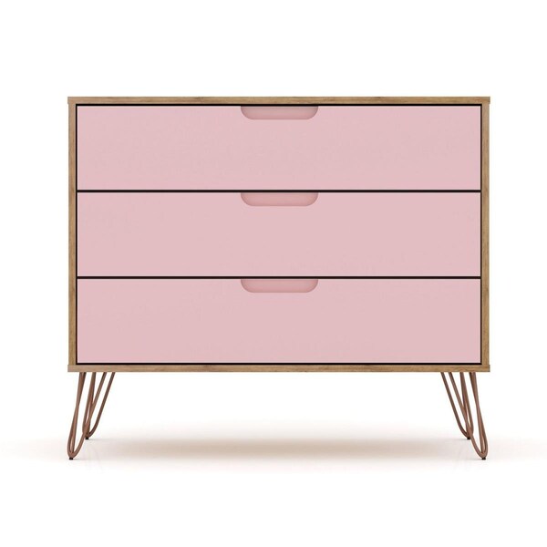 Designed To Furnish Rockefeller Mid-Century-Modern Dresser w/3 Drawers in Nature & Rose Pink, 28.86 x 35.24 x 17.52 in. - DE2616291