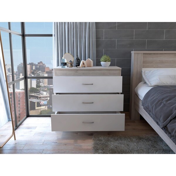 Tuhome Melia Three Drawer Dresser, Superior Top, Metal Hardware, Light Gray/White - CZB6467