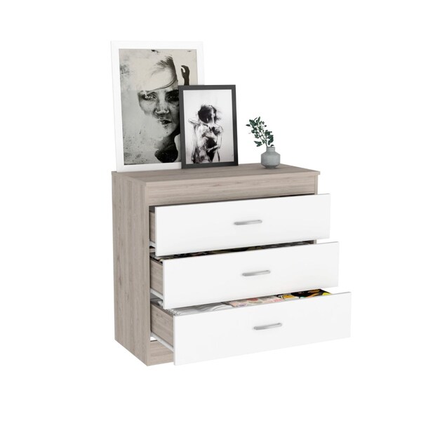 Tuhome Melia Three Drawer Dresser, Superior Top, Metal Hardware, Light Gray/White - CZB6467