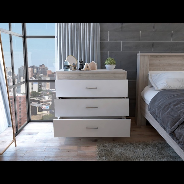 Tuhome Melia Three Drawer Dresser, Superior Top, Metal Hardware, Light Gray/White - CZB6467