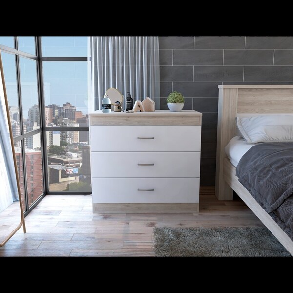 Tuhome Melia Three Drawer Dresser, Superior Top, Metal Hardware, Light Gray/White - CZB6467