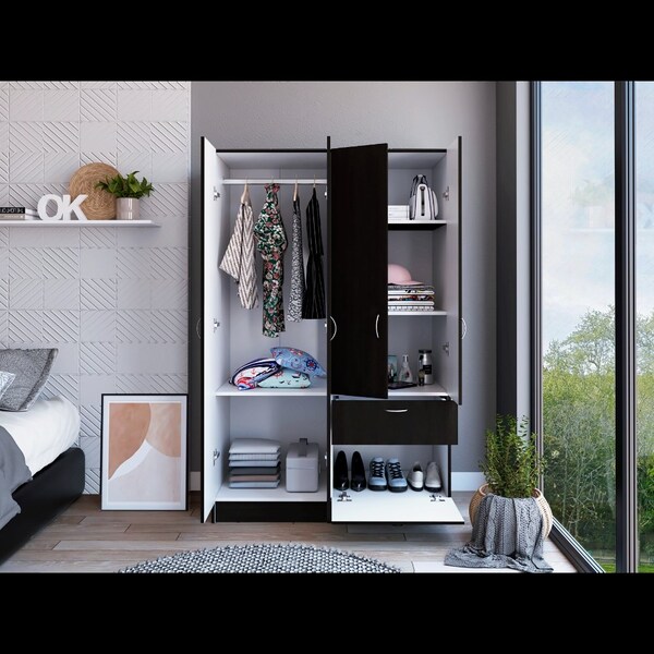 Tuhome Vaupes Armoire, Double Door Cabinet, One Drawer, Five Interior Shelves, Rod, Black/White - CLW5953