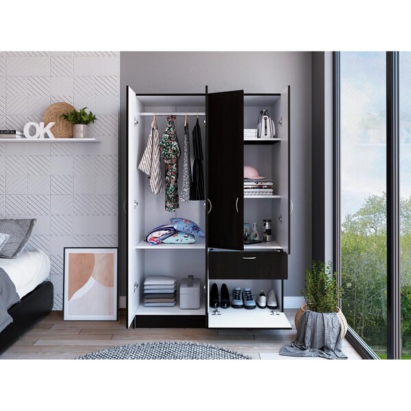 Tuhome Vaupes Armoire, Double Door Cabinet, One Drawer, Five Interior Shelves, Rod, Black/White - CLW5953