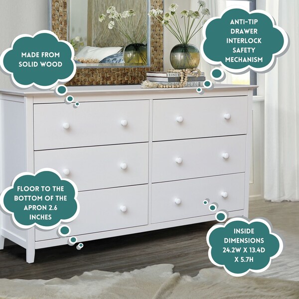 International Concepts Solid Wood Bedroom Dresser with 6 Drawers, White - BD08-8006
