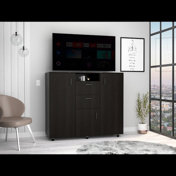 Tuhome Letna Double Door Cabinet Dresser, 2 Drawers, 4 Interior Shelves, 3 Cabinets With Door, Rod, Black - CLW6470