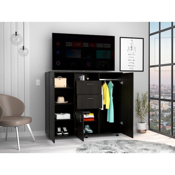 Tuhome Letna Double Door Cabinet Dresser, 2 Drawers, 4 Interior Shelves, 3 Cabinets With Door, Rod, Black - CLW6470