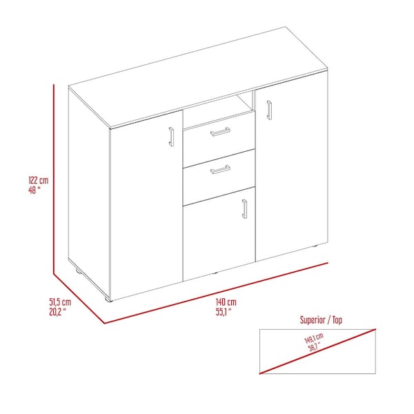 Tuhome Letna Double Door Cabinet Dresser, 2 Drawers, 4 Interior Shelves, 3 Cabinets With Door, Rod, Black - CLW6470