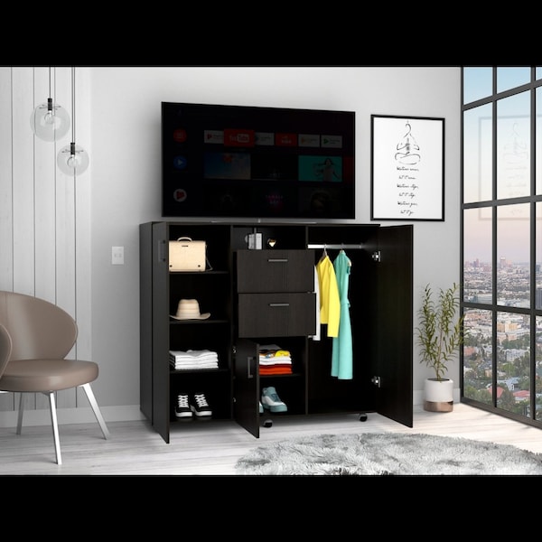 Tuhome Letna Double Door Cabinet Dresser, 2 Drawers, 4 Interior Shelves, 3 Cabinets With Door, Rod, Black - CLW6470