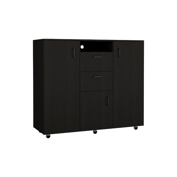 Tuhome Letna Double Door Cabinet Dresser, 2 Drawers, 4 Interior Shelves, 3 Cabinets With Door, Rod, Black - CLW6470