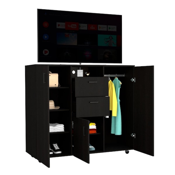 Tuhome Letna Double Door Cabinet Dresser, 2 Drawers, 4 Interior Shelves, 3 Cabinets With Door, Rod, Black - CLW6470