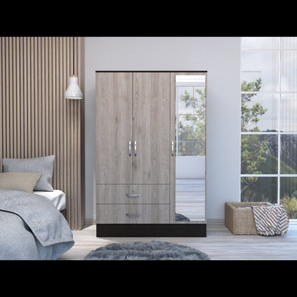 Tuhome Bolton 120 Mirrored Armoire, 2 Door Cabinet, 2 Drawers, Door W/ Mirror, Rods, Black/Light Gray - CWZ5950