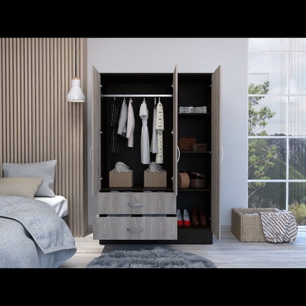 Tuhome Bolton 120 Mirrored Armoire, 2 Door Cabinet, 2 Drawers, Door W/ Mirror, Rods, Black/Light Gray - CWZ5950