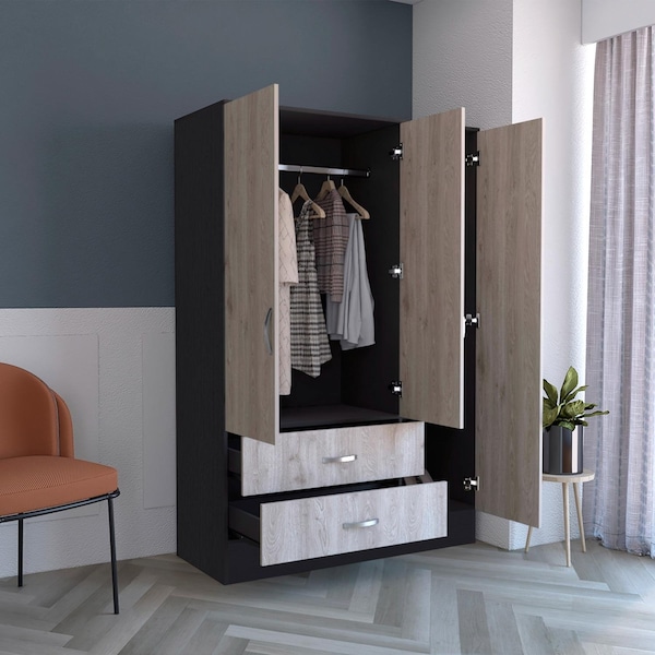 Tuhome Bolton 120 Mirrored Armoire, 2 Door Cabinet, 2 Drawers, Door W/ Mirror, Rods, Black/Light Gray - CWZ5950