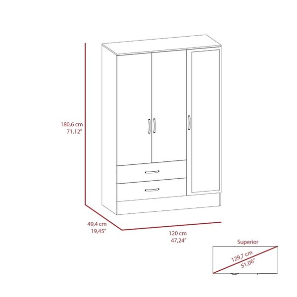 Tuhome Bolton 120 Mirrored Armoire, 2 Door Cabinet, 2 Drawers, Door W/ Mirror, Rods, Black/Light Gray - CWZ5950
