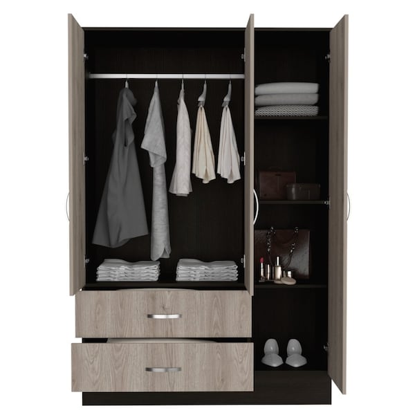 Tuhome Bolton 120 Mirrored Armoire, 2 Door Cabinet, 2 Drawers, Door W/ Mirror, Rods, Black/Light Gray - CWZ5950