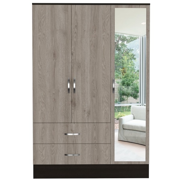 Tuhome Bolton 120 Mirrored Armoire, 2 Door Cabinet, 2 Drawers, Door W/ Mirror, Rods, Black/Light Gray - CWZ5950