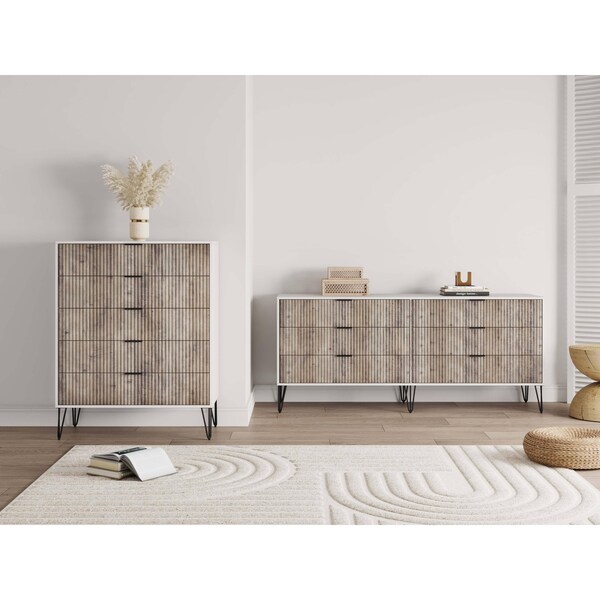 Manhattan Comfort 2-Piece DUMBO  5-Drawer Tall Dresser and DUMBO 6-Drawer Double Low Dresser in White and Grey - 2-DB03-WG