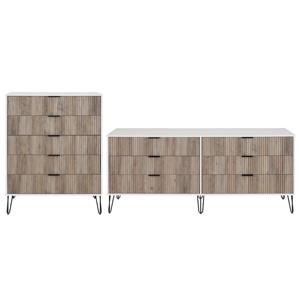 Manhattan Comfort 2-Piece DUMBO  5-Drawer Tall Dresser and DUMBO 6-Drawer Double Low Dresser in White and Grey - 2-DB03-WG