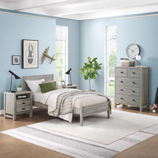 Alaterre Furniture Windsor4-Piece Bedroom Set with Panel Twin Bed, 2 Nightstands, and 5-Drawer Chest, Gray - ANWI1132R2