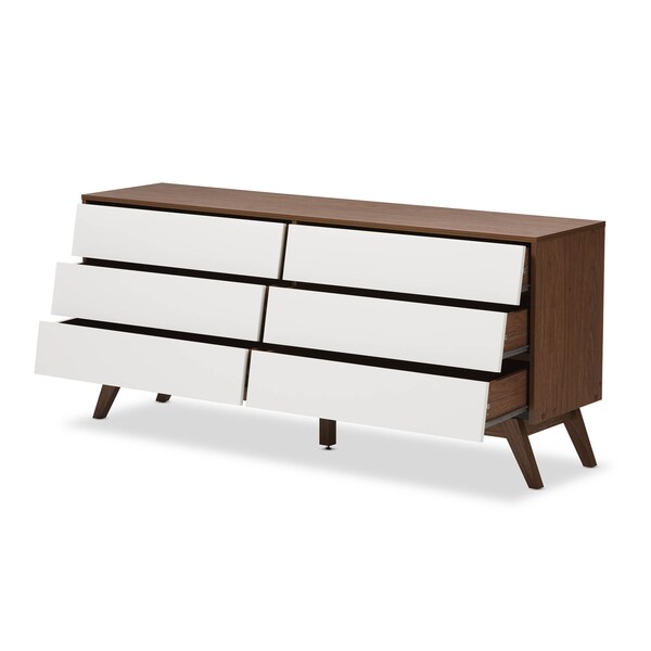 Baxton Studio Hildon Mid-Century White and Walnut Wood 6-Drawer Storage Dresser - 136-7490