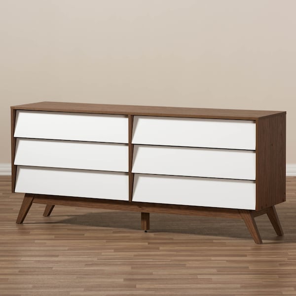 Baxton Studio Hildon Mid-Century White and Walnut Wood 6-Drawer Storage Dresser - 136-7490