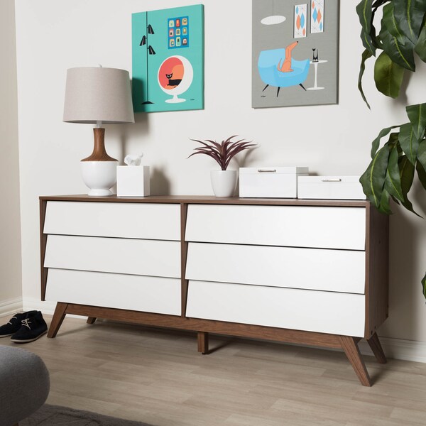 Baxton Studio Hildon Mid-Century White and Walnut Wood 6-Drawer Storage Dresser - 136-7490