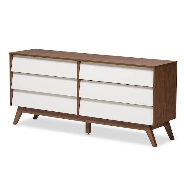 Baxton Studio Hildon Mid-Century White and Walnut Wood 6-Drawer Storage Dresser - 136-7490