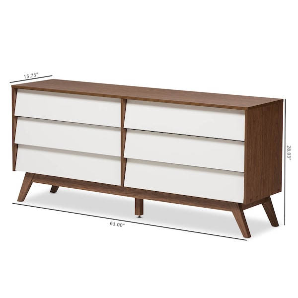Baxton Studio Hildon Mid-Century White and Walnut Wood 6-Drawer Storage Dresser - 136-7490