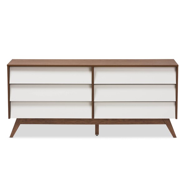 Baxton Studio Hildon Mid-Century White and Walnut Wood 6-Drawer Storage Dresser - 136-7490