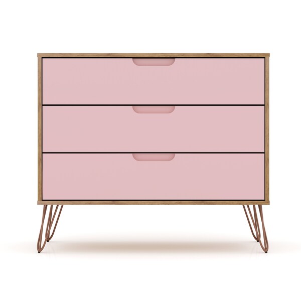 Manhattan Comfort Rockefeller 10-Drawer Dresser, 3-Drawer Dresser and 2-Drawer Nightstand in Nature and Rose Pink - 178GMC6
