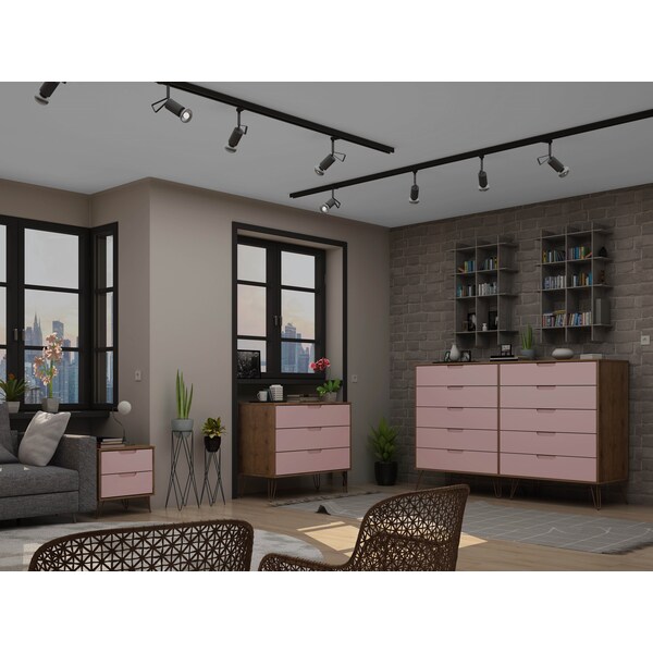 Manhattan Comfort Rockefeller 10-Drawer Dresser, 3-Drawer Dresser and 2-Drawer Nightstand in Nature and Rose Pink - 178GMC6