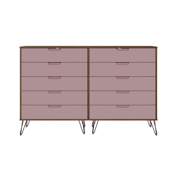 Manhattan Comfort Rockefeller 10-Drawer Dresser, 3-Drawer Dresser and 2-Drawer Nightstand in Nature and Rose Pink - 178GMC6