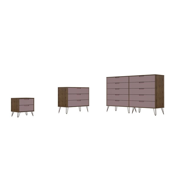 Manhattan Comfort Rockefeller 10-Drawer Dresser, 3-Drawer Dresser and 2-Drawer Nightstand in Nature and Rose Pink - 178GMC6