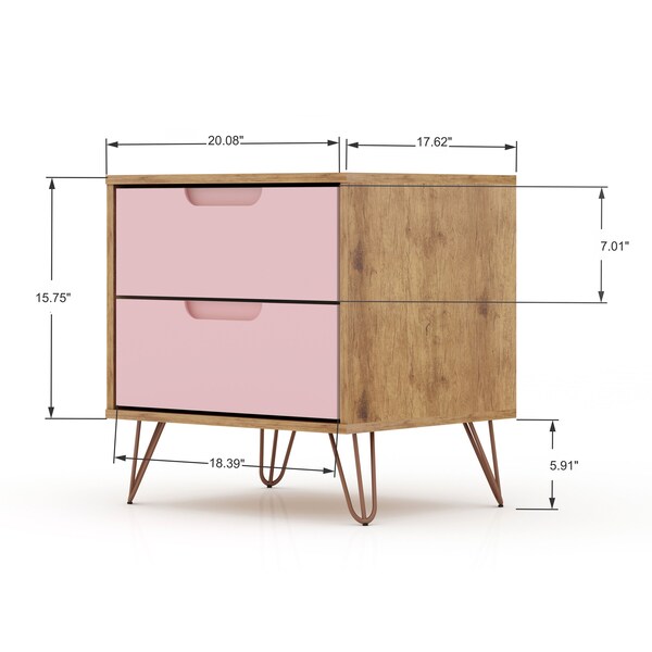 Manhattan Comfort Rockefeller 10-Drawer Dresser, 3-Drawer Dresser and 2-Drawer Nightstand in Nature and Rose Pink - 178GMC6
